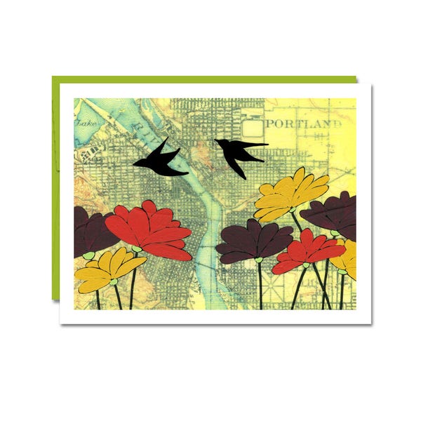 Portland Flowers Map Card // Map Art Card // NW Artist Card // Flower Art Card // Bird Art Card // Blank Card // Rachel Austin