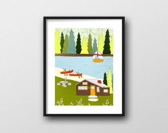 Cabin Lake Print with Vintage Map, 8x10 or 11x14 Mountain Art Print by Rachel Austin