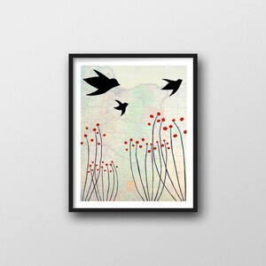 Impression de fleurs modernes avec des oiseaux survolant la carte de l'Oregon//l'impression d'art 8 x 10 ou 11 x 14 fait un beau cadeau de l'Oregon