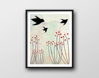 Modern Flower Print with Birds Flying over Oregon Map // 8x10 or 11x14 Art Print makes a lovely Oregon Gift