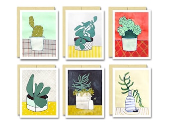 Watercolor Houseplant Card Set: Blank Plant Art Cards - Set of 6