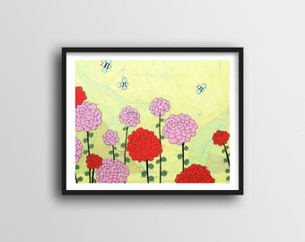 Bee Art Print with Zinnias for Cute Nursery Art or Garden Lover Gift // 8x10 or 11x14 Art Print over Map