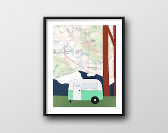 Crested Butte Map Print with Camper makes great Colorado Gift // 8x10 or 11x14 Art Print with Airstream Art