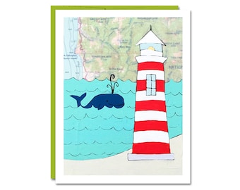 Lighthouse and Whale Card // Cute Everyday Card // Map Card // Coastal Card // Beach Card // Blank Card // Rachel Austin Cards