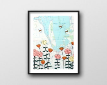 Map Print with Bees and Flowers // 8x10 or 11x14 Art Print by Rachel Austin