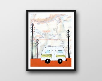 Yosemite National Park Art with Cute Camper // California Art Print 8x10 or 11x14 Great Gift for Camper