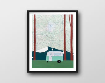 Mt Hood Print with Camper Airstream Art // Mountain Art Print 11x14 or 8x10 with Mt Hood Map