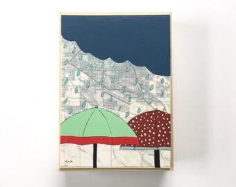 Umbrella Artwork with Map // 5x7 Map Painting for Rain Lovers