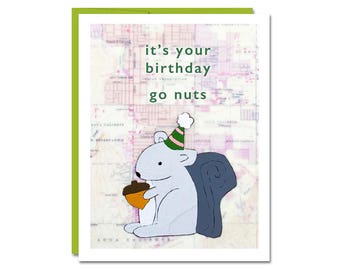 Birthday Squirrel Card // Go Nuts Birthday //  Map Art Card // Funny Birthday Card // Animal Birthday Card // Rachel Austin