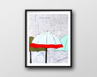 Portland Map Print with Umbrella Art // 11x14 Art Print by Portland Artist Rachel Austin