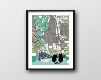 Portland Map Print with Two Cute Cats // 8x10 or 11x14 Art Print by Rachel Ann Austin