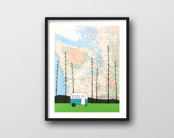 Washington Print with Vintage Camper // 8x10 or 11x14 Art Print Sweet Travel Gift