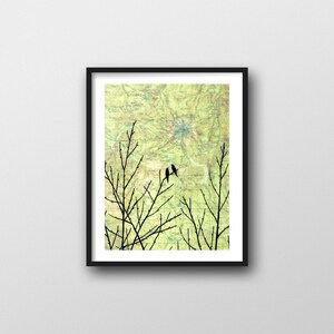 Impression du Mont Hood avec des oiseaux sur les branches / Impression d'art 8 x 10 ou 11 x 14 avec carte de l'Oregon