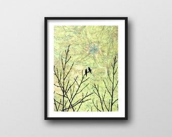 Mt Hood Print with Birds on Branches / 8x10 or 11x14 Art Print with Oregon Map