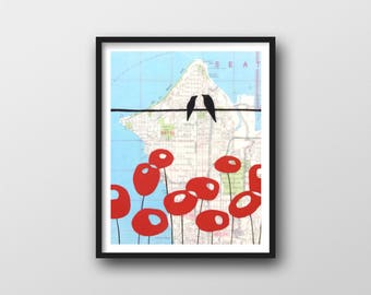 West Seattle Map Art Print by Rachel Austin // Poppy Art Print with Birds on Wire Art 8x10 or 11x14 Print