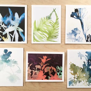 K&ouml;nnte beinhalten: Satz von sechs Aquarell-Gru&szlig;karten mit verschiedenen botanischen Illustrationen. Die Karten sind wei&szlig; mit schwarzem Rand und zeigen blaue, gr&uuml;ne und orangefarbene Aquarell-Illustrationen von Bl&auml;ttern und Blumen.