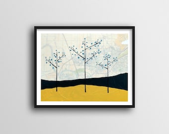 Modern Tree Print with Yellow makes great Art for Bedroom // 8x10 or 11x14 Art Print with Montana Map