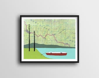 Canoe Art with Washington Map for Lake House or Cabin Decor //  8x10 or 11x14 Map Art Print