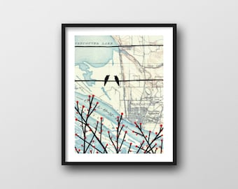 Vancouver Washington Map Print with Birds on Branches // 8x10 or 11x14 Art Print by Rachel Austin