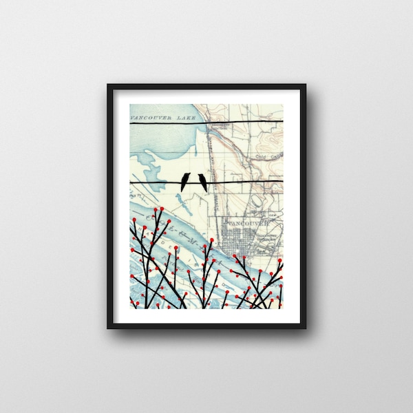 Vancouver Washington Map Print with Birds on Branches // 8x10 or 11x14 Art Print by Rachel Austin