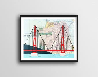 May include: A red and black illustration of the Golden Gate Bridge over a map of San Francisco. The bridge is drawn in a simple style with black lines and red towers. The map is a vintage style with brown and green colors.