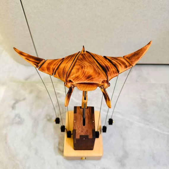 Handmade Wooden Manta Ray Automaton – Kinetic Desk Sculpture Gift for Ocean Lovers