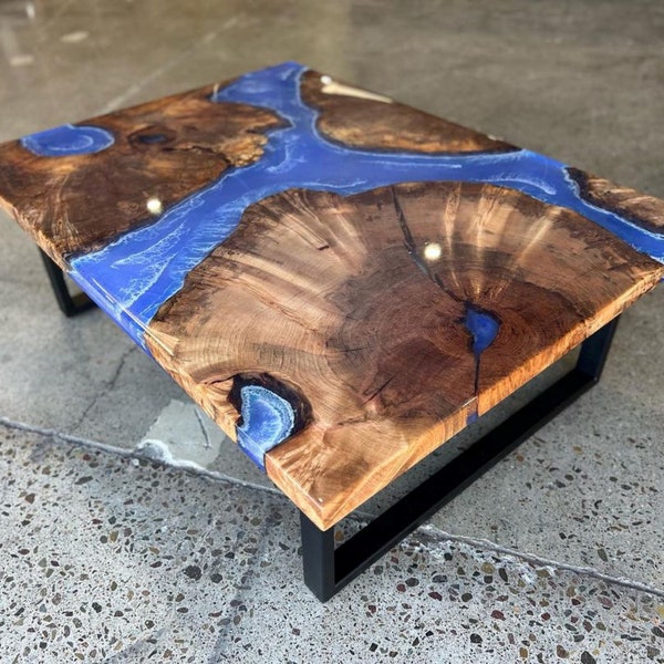 Unique Maple Burl Coffee Table With Blue Epoxy Resin River - Rectangular Wooden Coffee Table Made From Maple And Resin With Natural Design