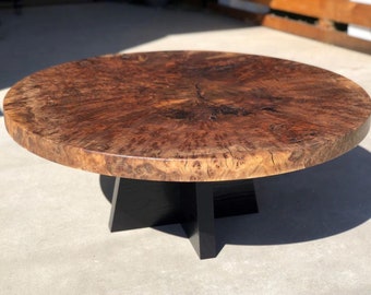 Round Claro Walnut Coffee Table Made From Solid Wood - Unique Coffee Table Crafted From Walnut Slab Top Sitting On Black Ash Wood Base