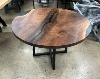 Round Walnut Coffee Table With Black Epoxy Resin Fillings - Unique Wooden Coffee Table Made From Solid Walnut Wood - Rustic Walnut Table