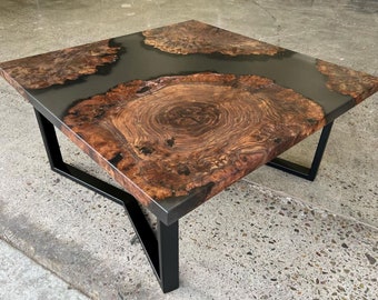 Unique Walnut Coffee Table Crafted From Trunk Slabs And Smoked Epoxy Resin - Stunning Square Wooden Coffee Table Made From Walnut And Resin