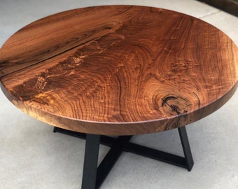 Small Round Coffee Table Handcrafted From Solid Walnut Wood With Resin Fillings - Natural Coffee Table Made From Walnut And A Steel Base