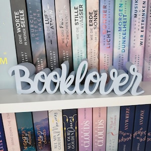 Op de afbeelding: Een lichtgrijs houten "Booklover" bord op een witte plank, met kleurrijke boeken op de achtergrond. Het bord, in een sierlijk lettertype, contrasteert met de boekruggen.