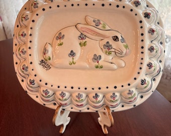 Vintage Hand Painted BUNNY RABBIT Gelatin Mold Wall Hanging Signed by Sherry Smith