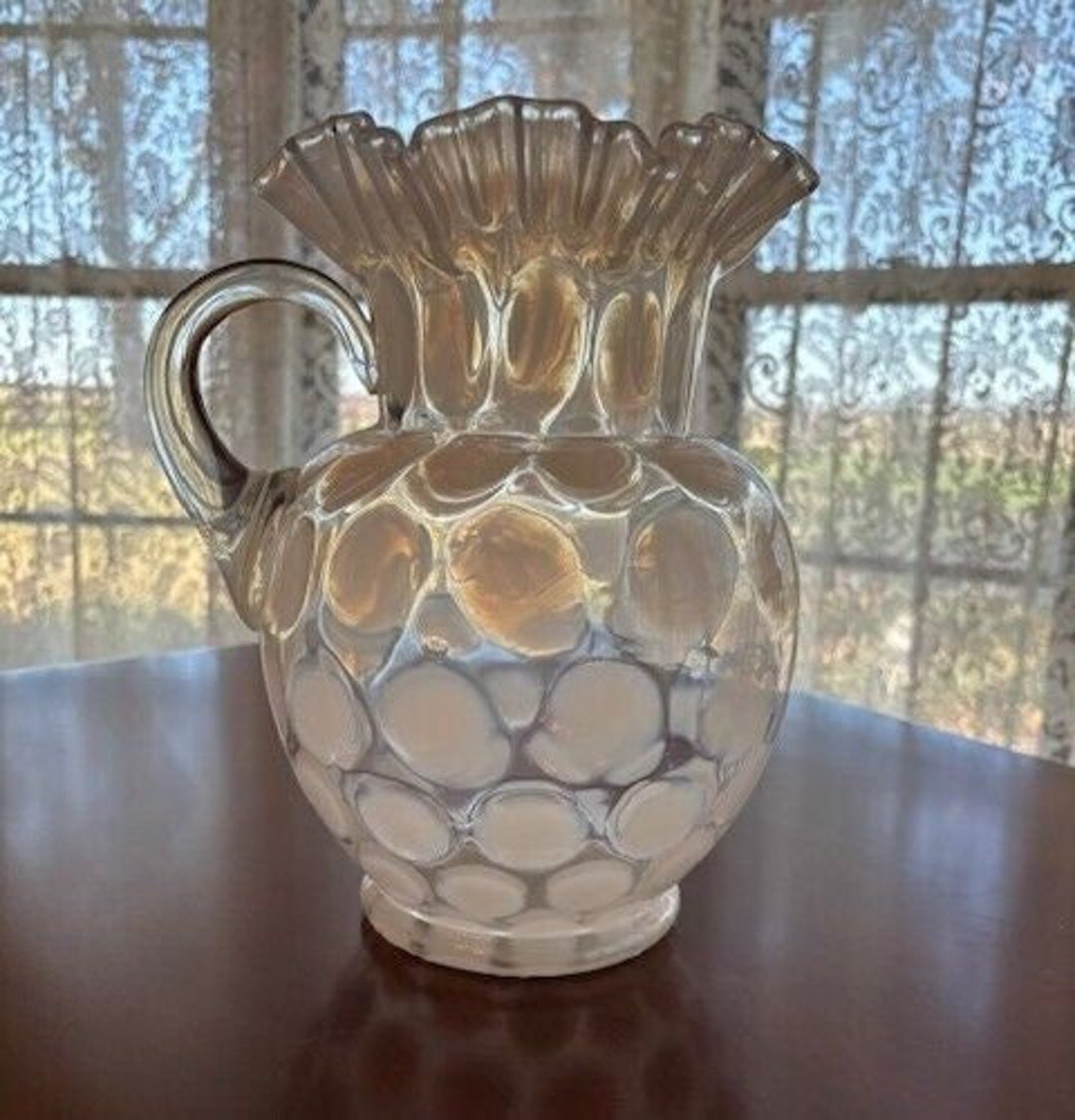 Fenton Art Glass Opalescent Coin Dot Ruffled Edge Pitcher 9 1/2" Tall ...