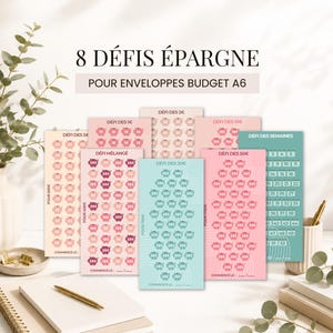 Peut inclure: Un ensemble de huit cartes de défis d'épargne rectangulaires pour enveloppes budgétaires A6. Les cartes présentent divers motifs avec des icônes de tirelires et des valeurs numériques, incluant le texte 8 DÉFIS ÉPARGNE, DÉFI MÉLANGÉ et DÉFI DES SEMAINES.