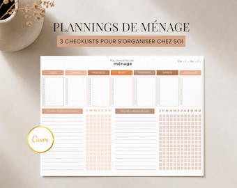 May include: A white paper cleaning checklist planner with beige and brown accents. The layout includes sections for daily tasks from Monday to Sunday, weekly tasks, and monthly tasks with a grid for the months of the year. Text includes "PLANNINGS DE MÉNAGE" and "Ma checklist de ménage".