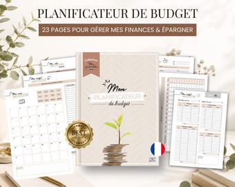 May include: A beige budget planner with 23 pages for managing finances and savings. The cover features a stack of coins with a small green plant growing from the top, the text Mon Planificateur de budget, and a gold Best Seller seal.