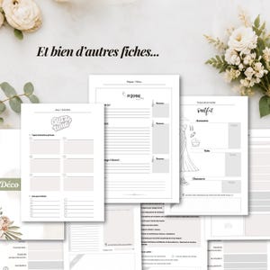 May include: A collection of white paper wedding planning sheets featuring black text and line art. The pages include sections for menu planning, outfit details, and activity lists, with headings such as Quiz time, Menu, and Outfit in a script font.