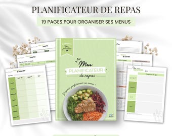 May include: A digital meal planner set with 19 pages for menu organization. The cover features a light green background, the text "Mon PLANIFICATEUR de repas", and a bowl of food. Several interior pages with tables and lists are displayed.