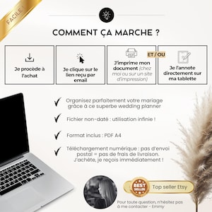 May include: An instructional graphic titled COMMENT &Ccedil;A MARCHE? detailing a digital download process with icons for purchasing, email links, printing, and tablet annotation. It lists features like A4 PDF format, undated pages, and instant delivery.