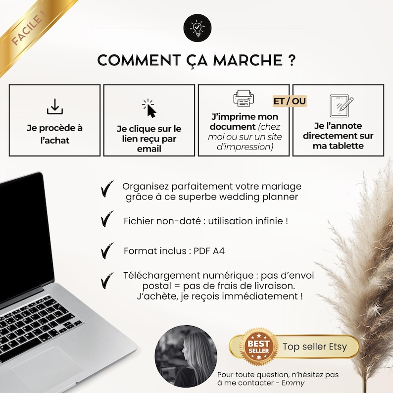 May include: An instructional graphic titled COMMENT &Ccedil;A MARCHE? detailing a digital download process with icons for purchasing, email links, printing, and tablet annotation. It lists features like A4 PDF format, undated pages, and instant delivery.