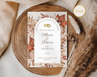 Customizable wedding invitation in French | 3-page printable ceremony invitation | Elegant design | Invitation + program, Canva