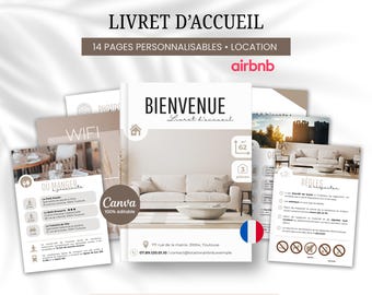 May include: A digital template for a 14-page customizable welcome booklet for rental properties. The cover features the text LIVRET D'ACCUEIL, BIENVENUE, and the Airbnb logo. It includes pages for house rules, local dining, and Wi-Fi information.