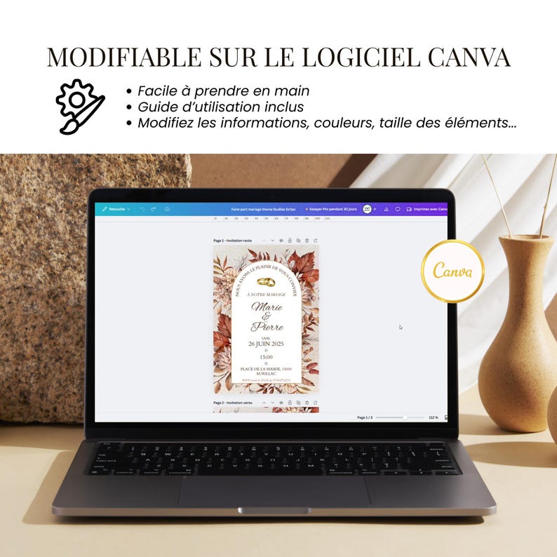 Customizable wedding invitation in French | 3-page printable ceremony invitation | Elegant design | Invitation + program, Canva image 4