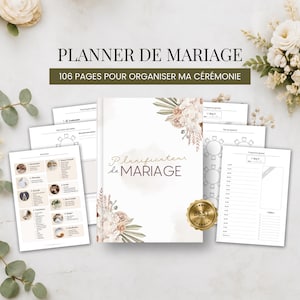 Peut inclure: Un livre de planification de mariage de 106 pages, avec une couverture blanche ornée d'illustrations florales et le texte Planificateur de MARIAGE. L'ensemble comprend plusieurs pages intérieures montrant des tables et des plannings.