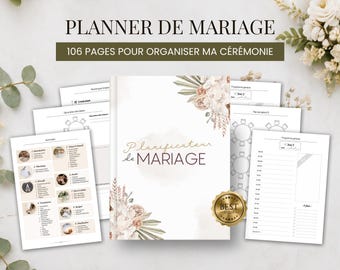 Könnte beinhalten: Ein Hochzeitsplaner-Buch mit 106 Seiten, das ein weißes Cover mit Blumenillustrationen und dem Text Planificateur de MARIAGE aufweist. Das Set enthält mehrere lose Innenseiten mit Tabellen, Zeitplänen und Zusammenfassungen zur Organisation.