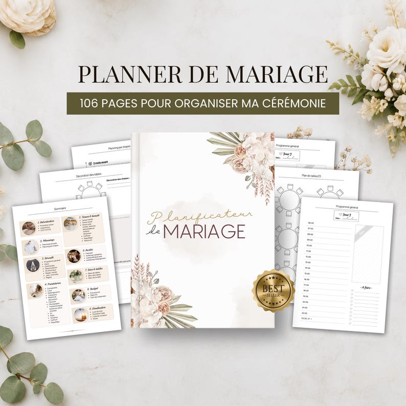 May include: A wedding planner book with 106 pages, featuring a white cover with floral illustrations and the text Planificateur de MARIAGE. The set includes several loose internal pages showing tables, schedules, and summaries for event organisation.
