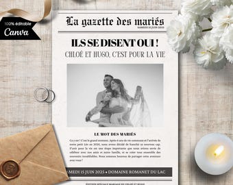 Gazette des mariés 2 pages A4 | Faire-part original à personnaliser | Journal des mariages template personnalisable | Modèle Canva français