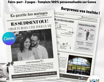 Gazette des mariages template 100% personnalisable faire-part original à personnaliser puis imprimer en français Canva