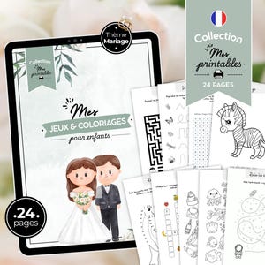 Folleto de juegos y colorear para niños | Actividades de boda en francés | Cuaderno de 24 páginas para imprimir para comidas y veladas de boda